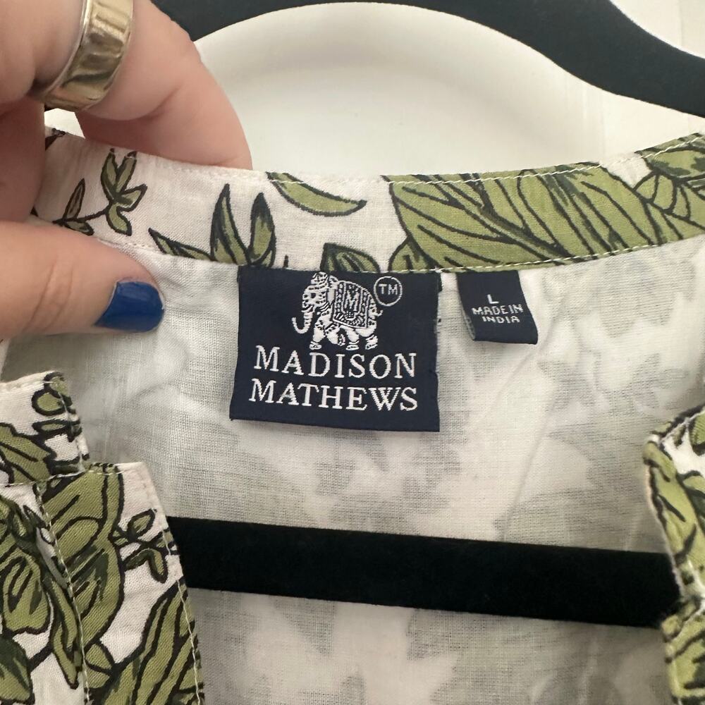 Madison Mathews (L) Tropical Botanical Block Print Green/White Preppy Mini Dress - Picture 5 of 6